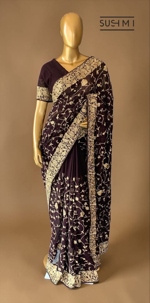 Chocolate Brown Georgette Saree with All-Over Parsi Gara Embroidery