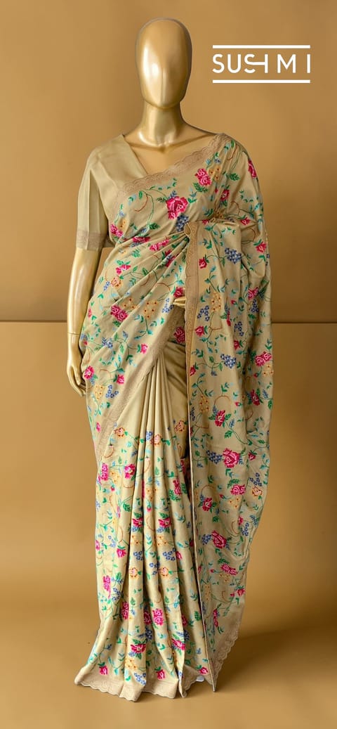 Champagne Gold Pure Handloom Tussar Saree with All-Over Petitepoint Embroidery