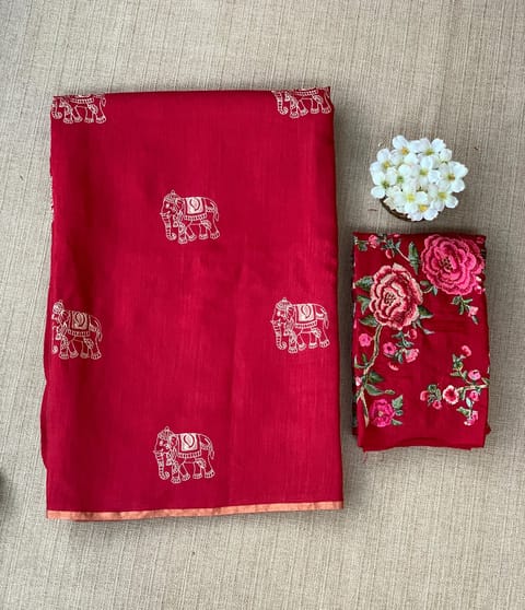 Red Munga Tussar Saree with Embroidery and Heavy Blouse