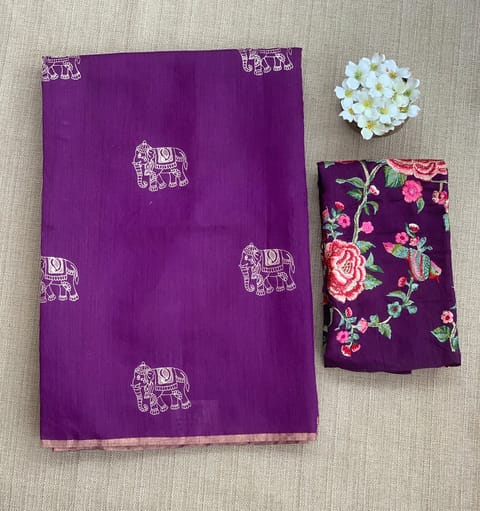 Purple Munga Tussar Saree with Pita Embroidery and Heavy Blouse