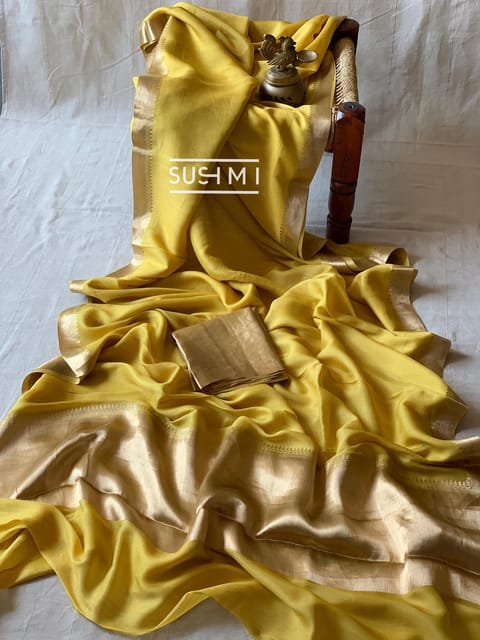 Yellow Munga Banarasi Saree with Gold Zari Borders, Pallu and Blouse