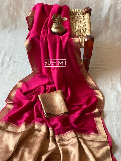 Pink Munga Banarasi Saree with Gold Zari Borders , Pallu and Blouse
