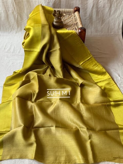 Lime Yellow Monotone Look Pure Handloom Desi Tussar Saree with Pure Mashru Borders