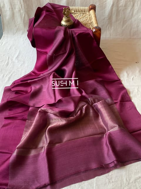 Wine Monotone Look Pure Handloom Desi Tussar Saree with Pure Mashru Borders