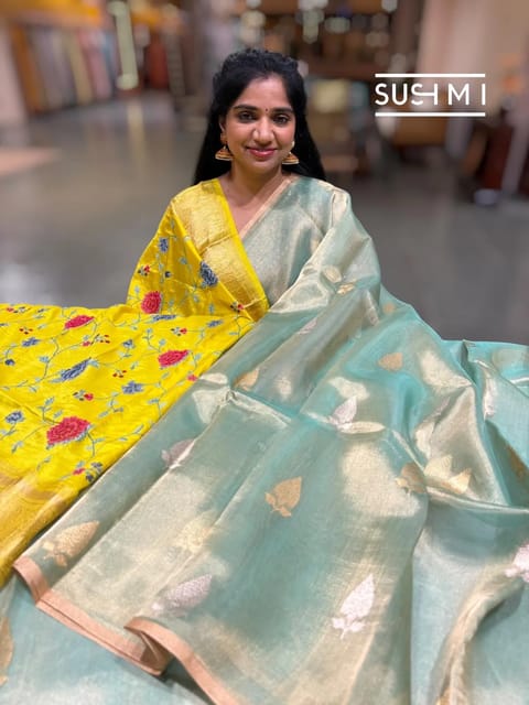 Mint Blue Handloom Banarasi Tissue Saree