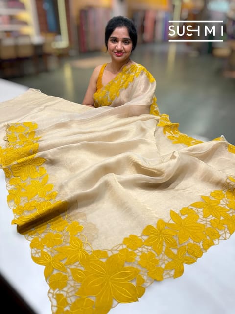 Light Gold Pure Handloom Banarasi Tissue Saree with Yellow Applique Cutwork Border