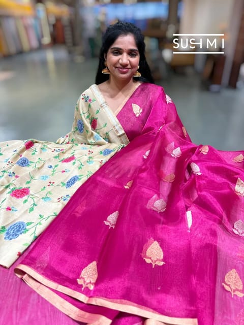 Beetroot Pink Banarasi Tissue Saree with Zari Selvedge
