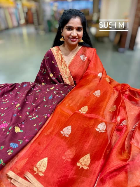Orangish Red Banarasi Tissue Saree with Fusion Blouse
