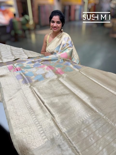 Beige Gold Banarasi Silk Rangkaat Saree