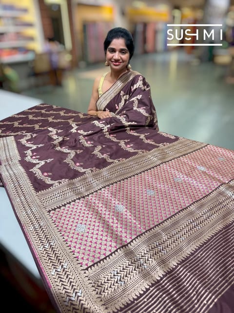 Chocolate Brown Iktara Banarasi Silk Saree with Ready-To-Wear Blouse