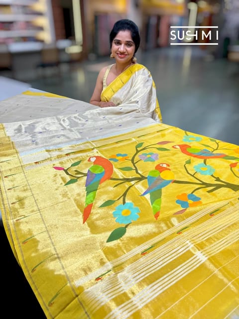 Light Gold Paithani Tissue Saree with Single Muniya Border