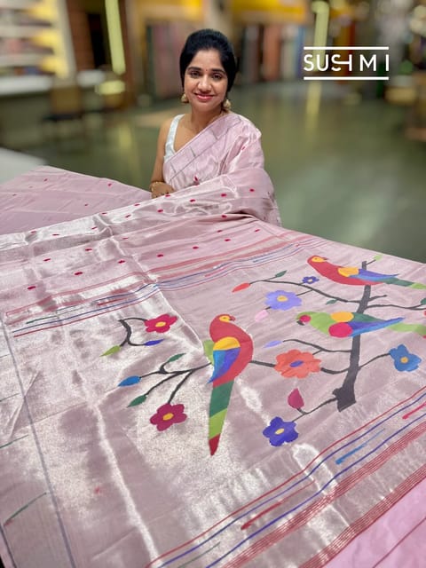 Pastel Pink Handloom Paithani Tissue Saree with Single Muniya Border
