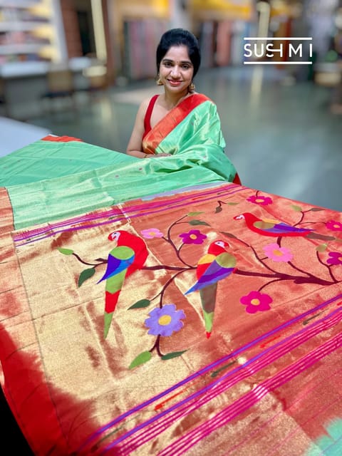 Seagreen Handloom Paithani Tissue Saree with Single Muniya Border