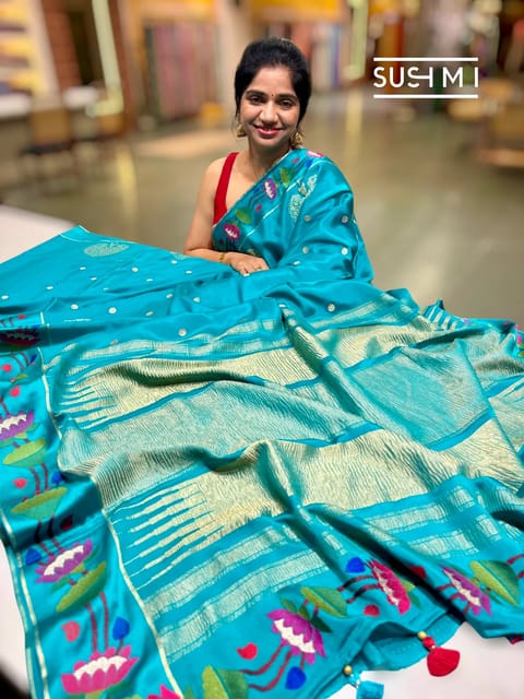 Peacock Blue Mysore Silk Saree with Paithani Embroidery