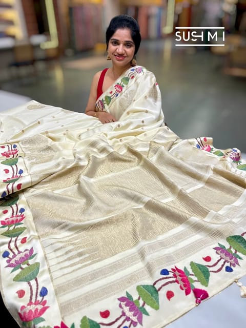 Ivory Mysore Silk Saree with Paithani Embroidery