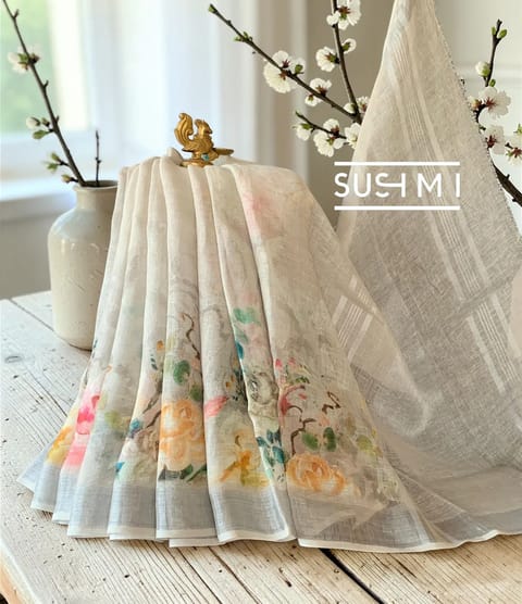Handloom Floral Printed Linen Saree