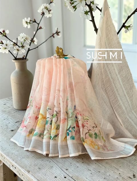 Handloom Floral Printed Linen Saree
