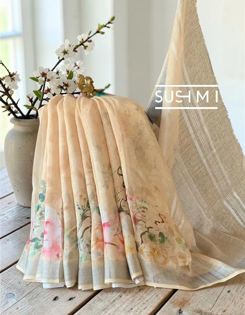 Handloom Linen Floral Printed Saree