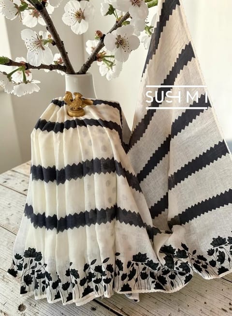 Black and White Striped Linen with Embroidery