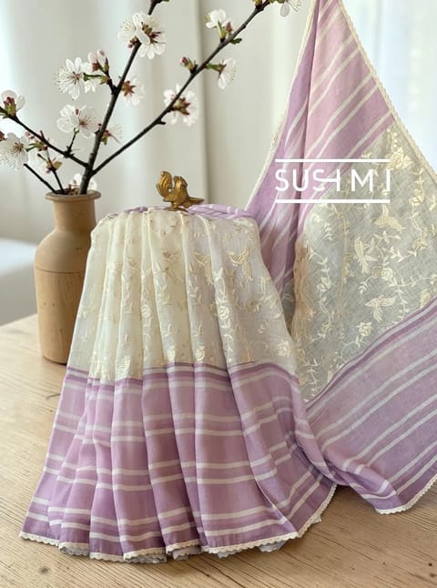 Handloom Linen Stripe Saree with Parsi Gara Embroidery