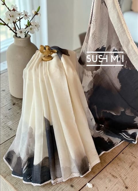 Black and White Handloom Linen Saree with Abstract Print