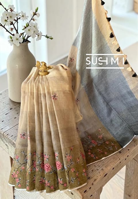 Ombre Dyed Handloom Lenin with Petite Point Embroidery