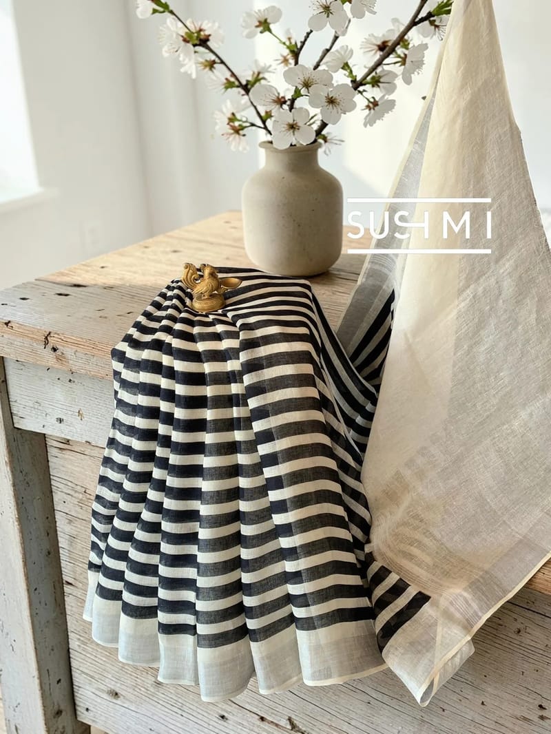 Handloom Linen Saree with Black and White Striped Print