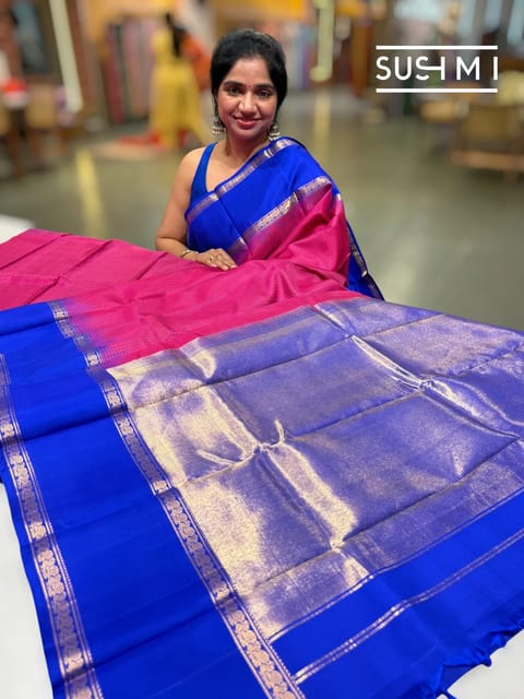 Ruby Pink Vintage Checks Kamjeevaram Saree with Gap Border