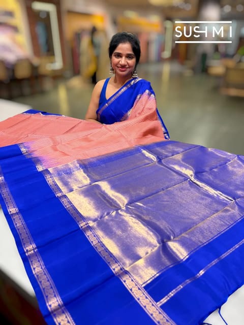 Coral Peach Vintage Checks Kanjeevaram Saree with Gap Border