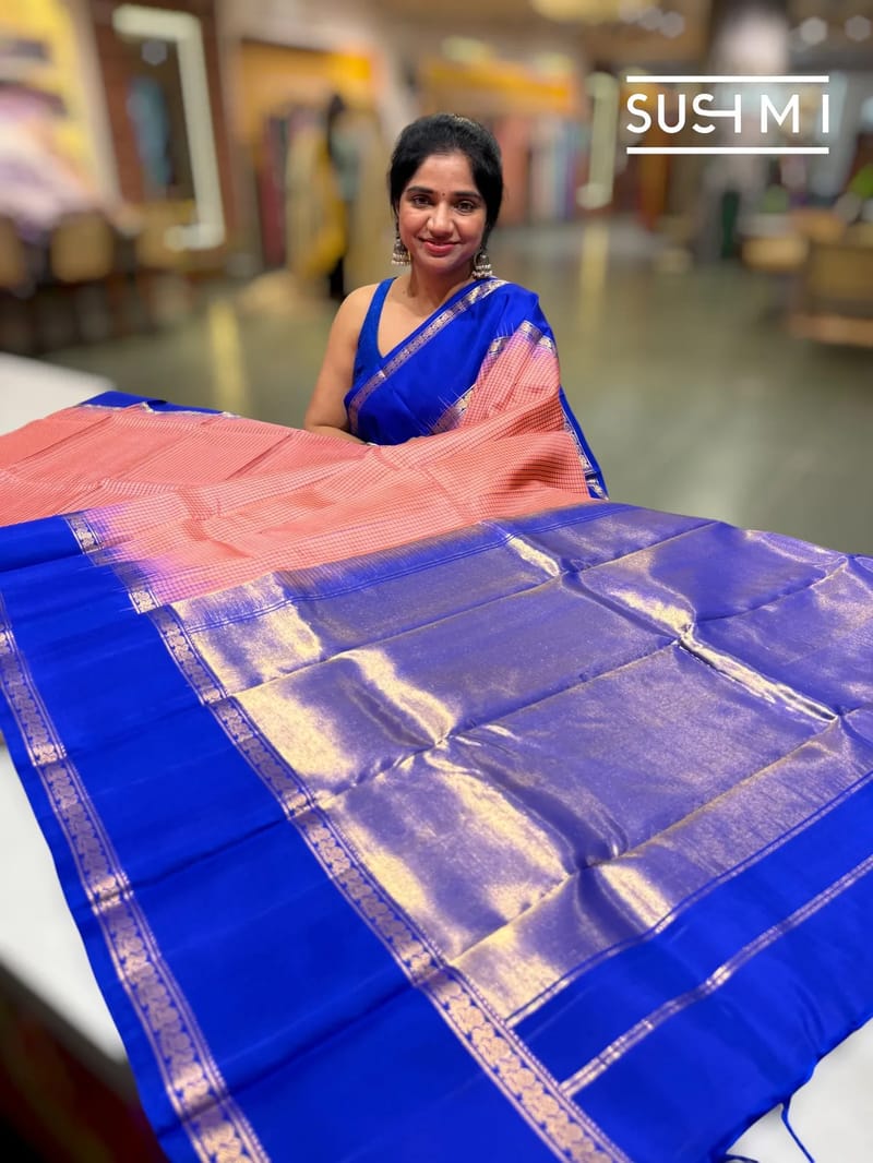 Coral Peach vintage Checks kanjeevaram Saree with gap border 