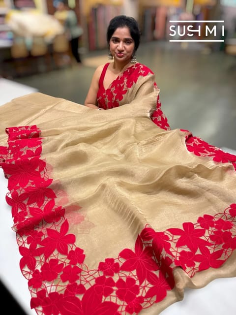 Gold Pure Handloom Banarasi Tissue Saree with Red Applique Cutwork Border