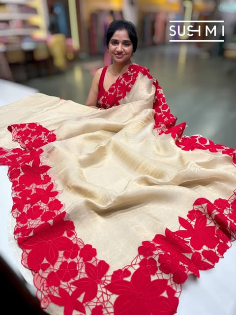 Light Gold Pure Handloom Banarasi Tissue Saree with Red Applique Cutwork Border