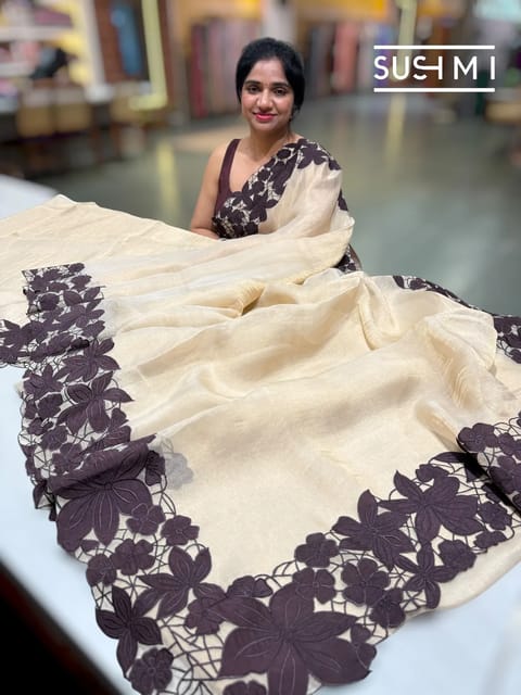 Ivory Pure Handloom Banarasi Tissue Saree with Brown Applique Cutwork Border