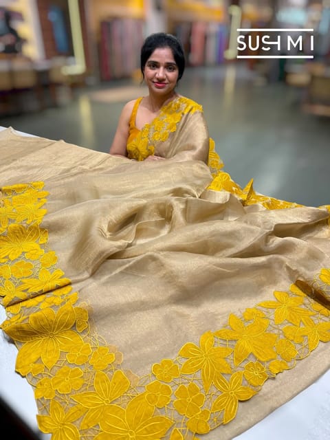 Gold Pure Handloom Banarasi Tissue Saree with Yellow Applique Cutwork Border