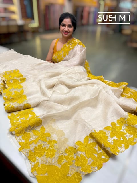 Ivory Pure Handloom Banarasi Tissue Saree with Yellow Applique Cutwork Border