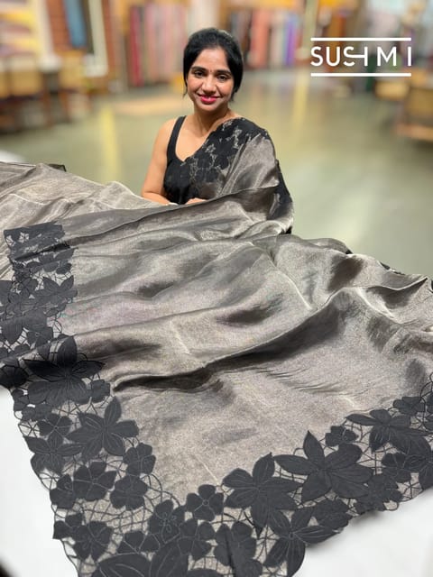 Antique Black Pure Handloom Banarasi Tissue Saree with Black Applique Cutwork Border