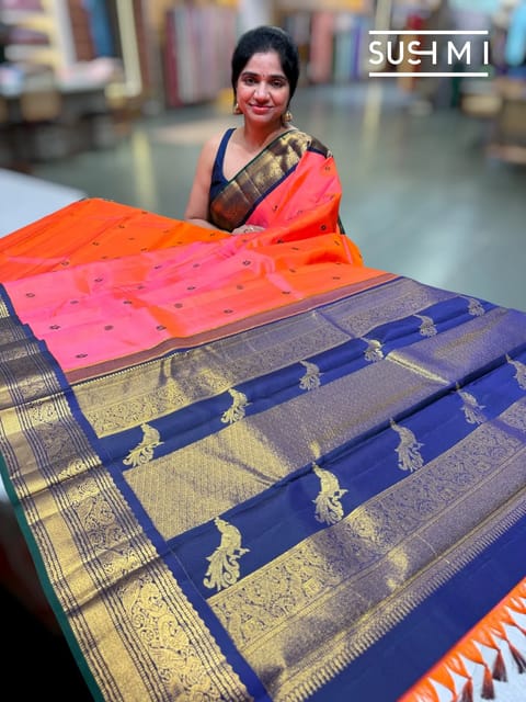 Neon Pink and Orange Dual Tone Vintage Korvai Kanjeevaram Saree