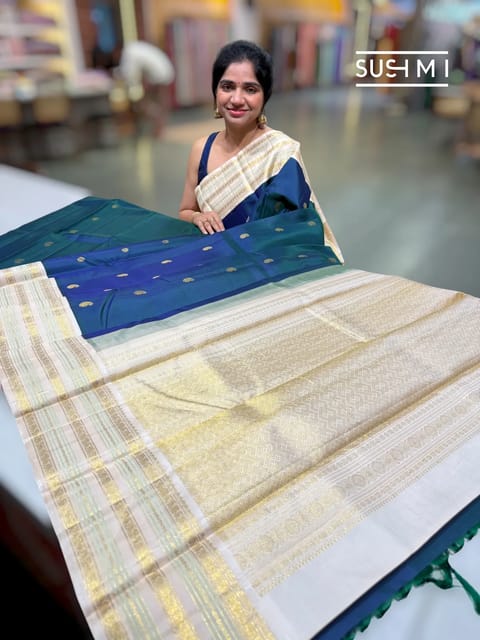 Peacock Blue Vintage Korvai Kanjeevaram Saree