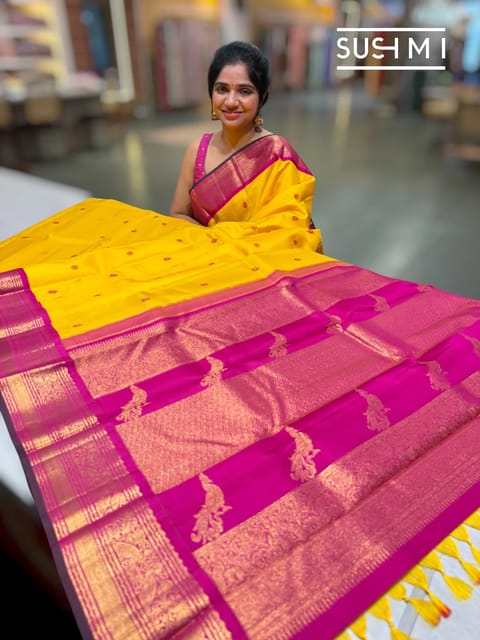 Yellow and Rani Pink Vintage Korvai Kanjeevaram Saree