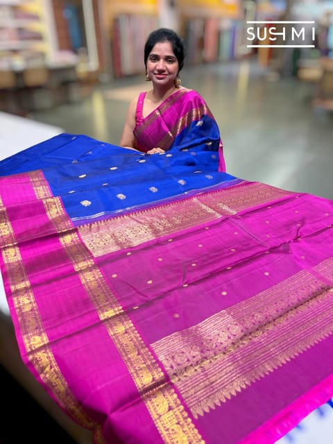 Royal Blue Vintage Kanjeevaram Saree with Gap Borders