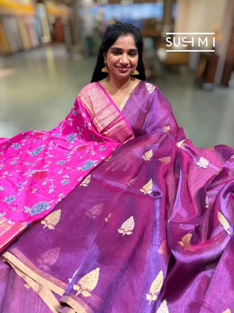 Purple Banarasi Handloom Tissue Saree with Zari Selvedge
