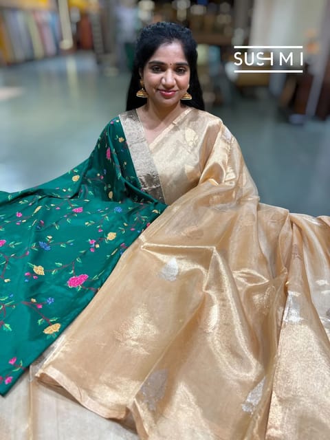 Beige Handloom Banarasi Tissue Saree with Fusion Blouse
