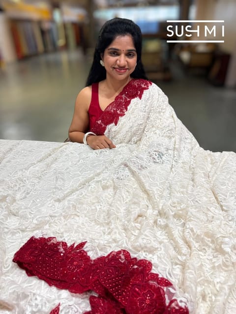 Chantilly Lace Saree with Maroon Handwork Borders
