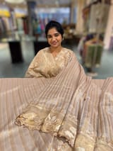Beige Gold Mul Tissue Stripes Saree With Tissue Cutwork  Border & Blouse
