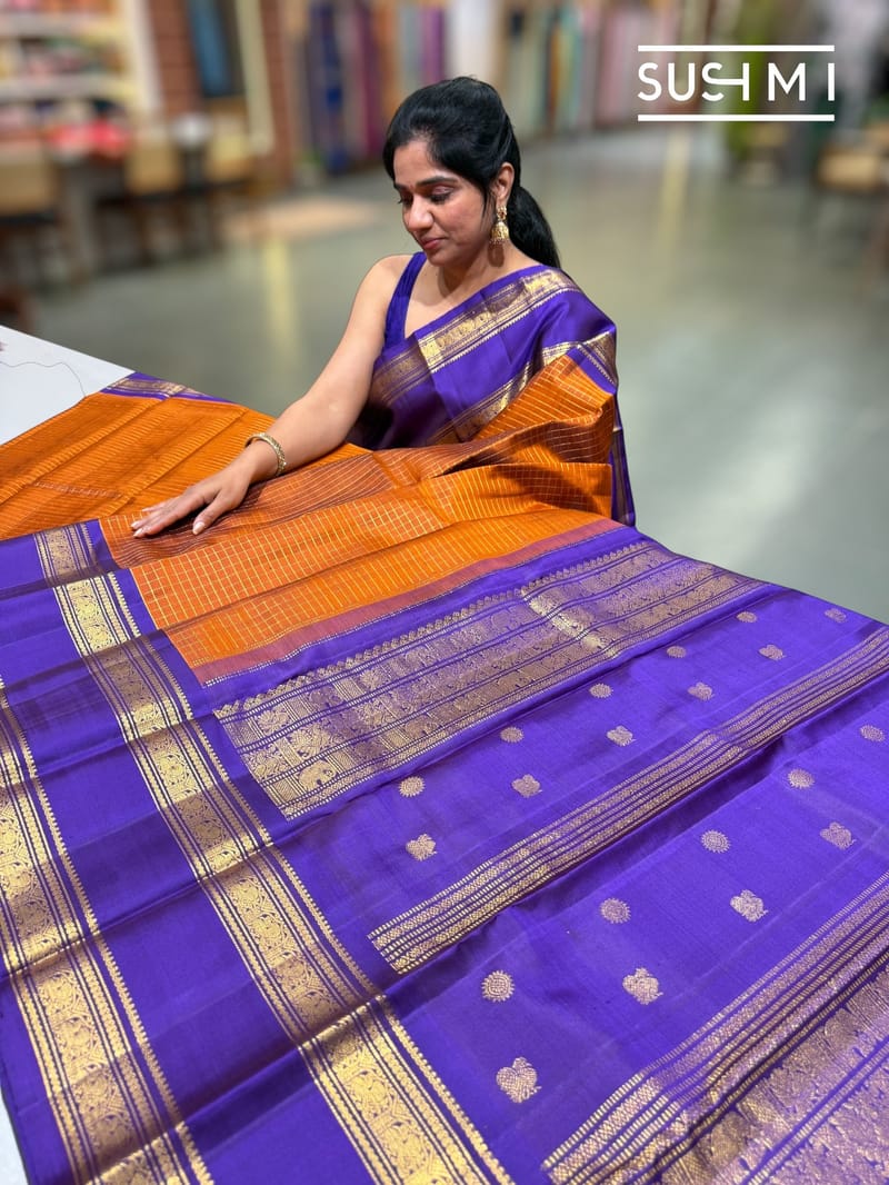 Rust Orange Vintage checks kanjeevaram Saree