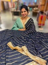Navy Blue Georgette Saree with badla sequnce stripes: S62F075