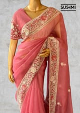 Brick Red Pure Organza Saree with heavy intricate Handwork DSCL044