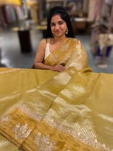 Yellow Kora tissue stripes Saree with embroidery