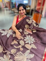 Brown Designer Organza with Tissue applique work