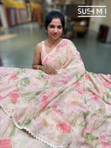 Peach Pink printed georgette saree with handwork : S62F196